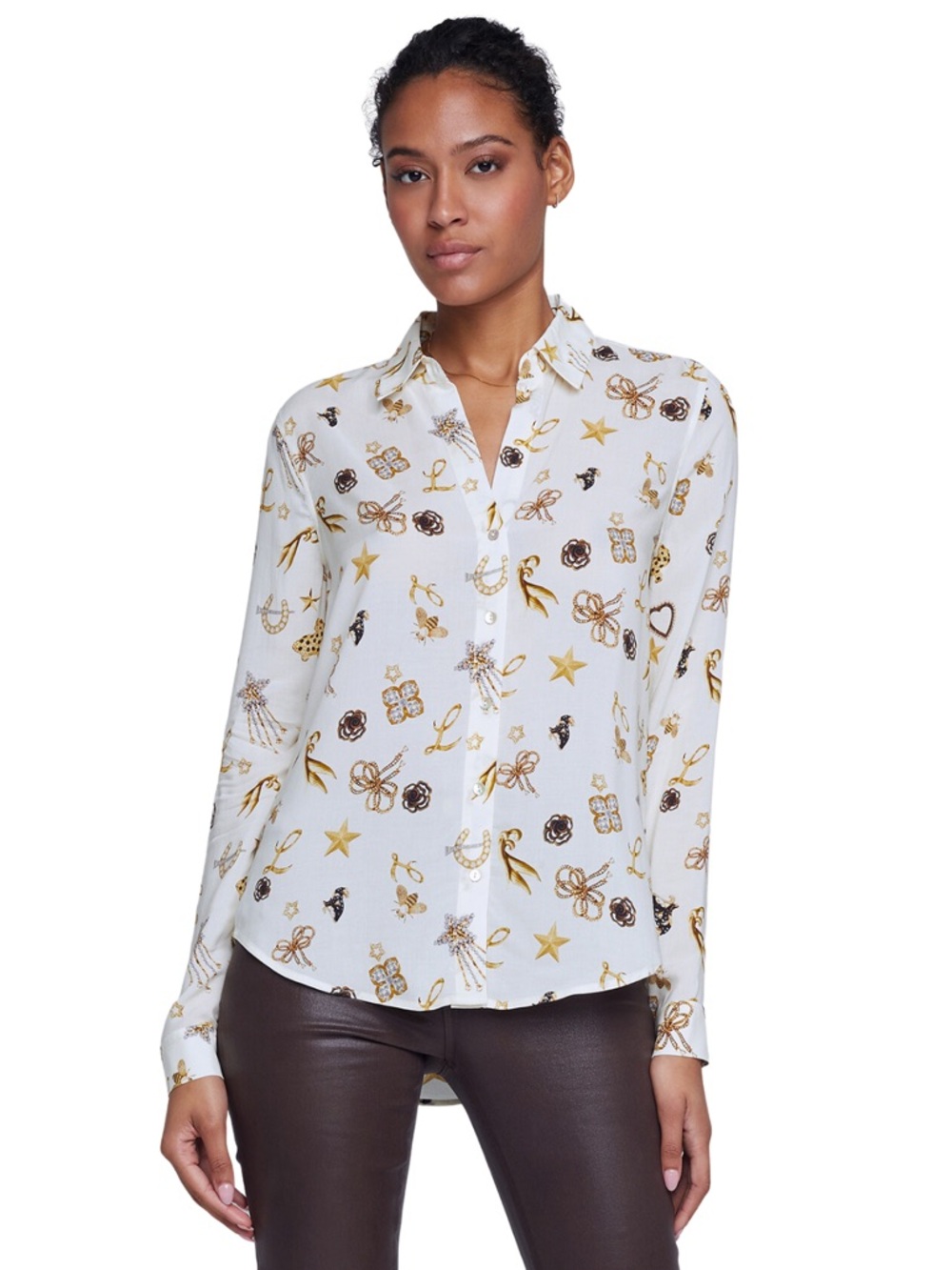 L’Agence Ecru Multi Holly Long Sleeve Blouse, Size Large